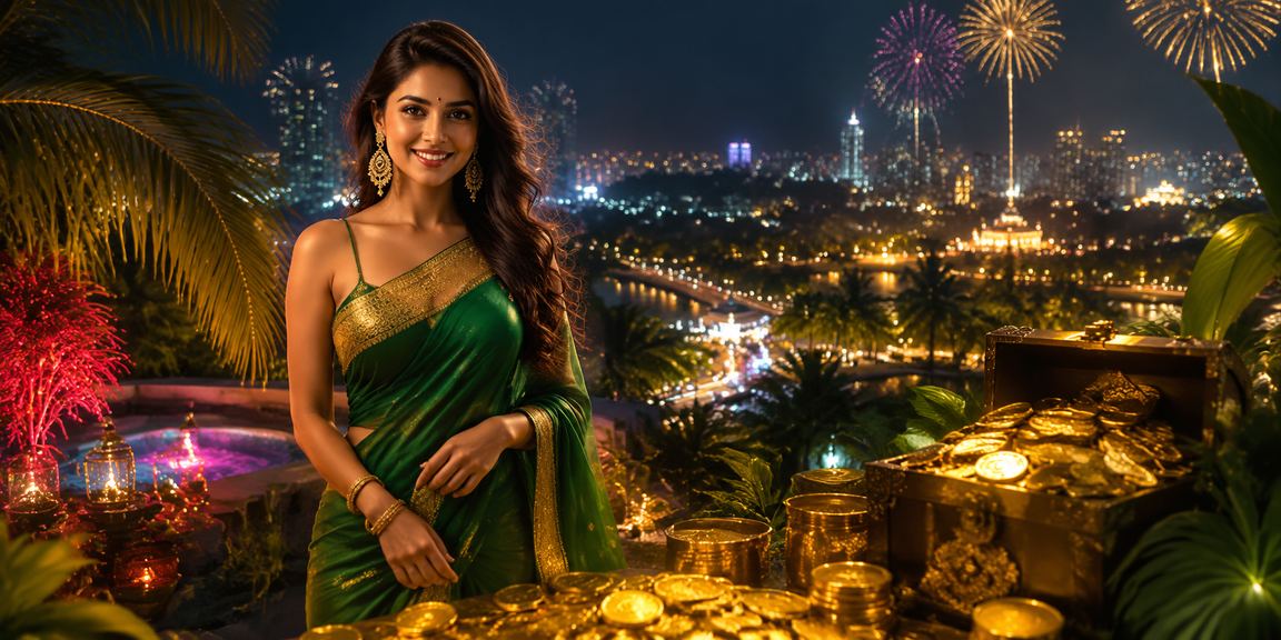 Indian woman enjoying casino promotions on mobile in festive attire